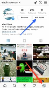 Instagram edit profile option to center bio