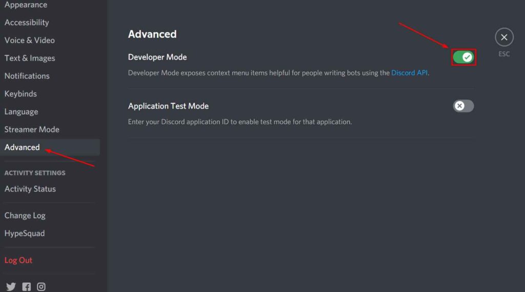 Enable Developer Mode on Discord