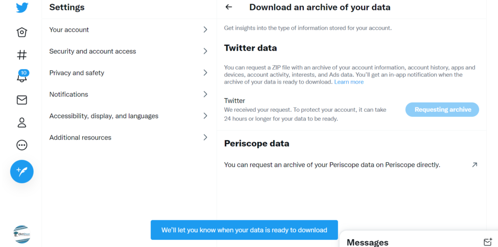 Twitter data is ready to download pop up