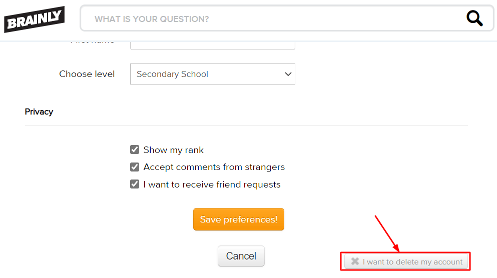 Delete Brainly Account Option on Privacy Page