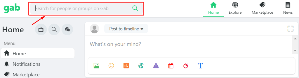 Gab Search Bar to Find Other Users