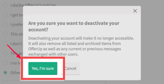 OfferUp Close Account Confirmation