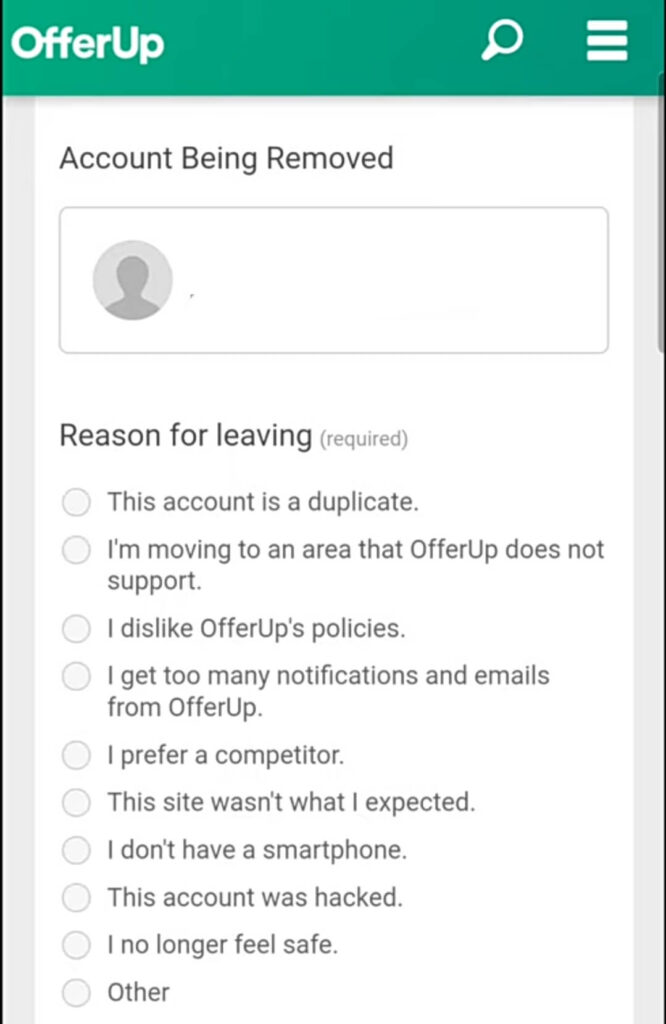 OfferUp Deactivate Account Select Reasons