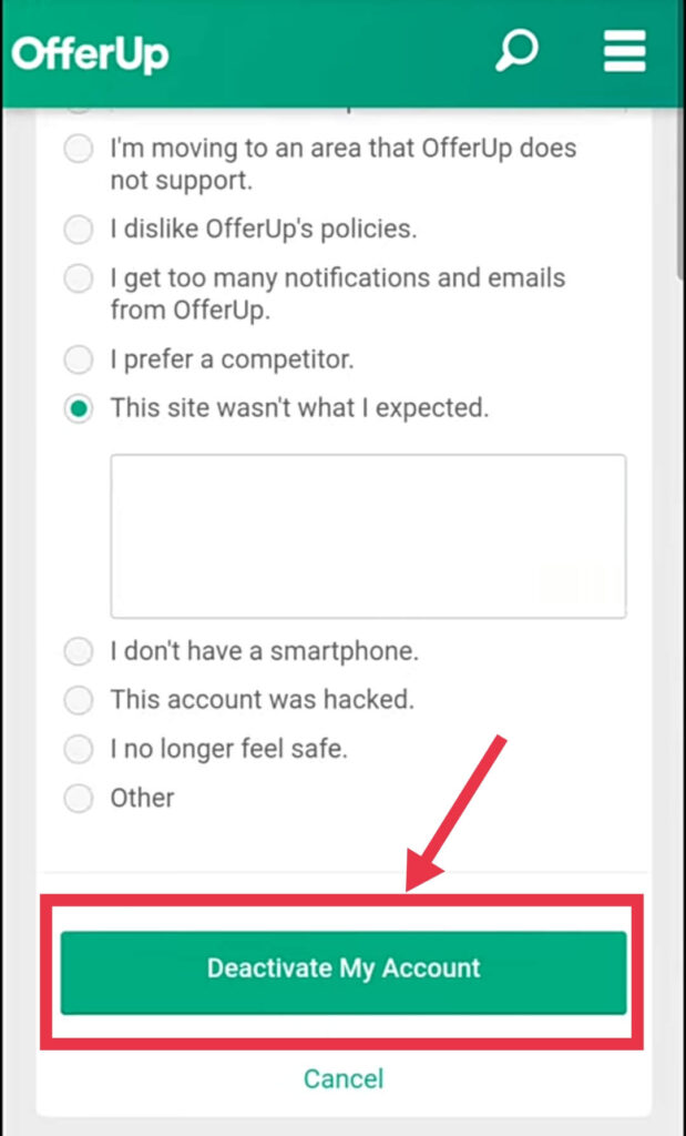 OfferUp Deactivate My Account Option
