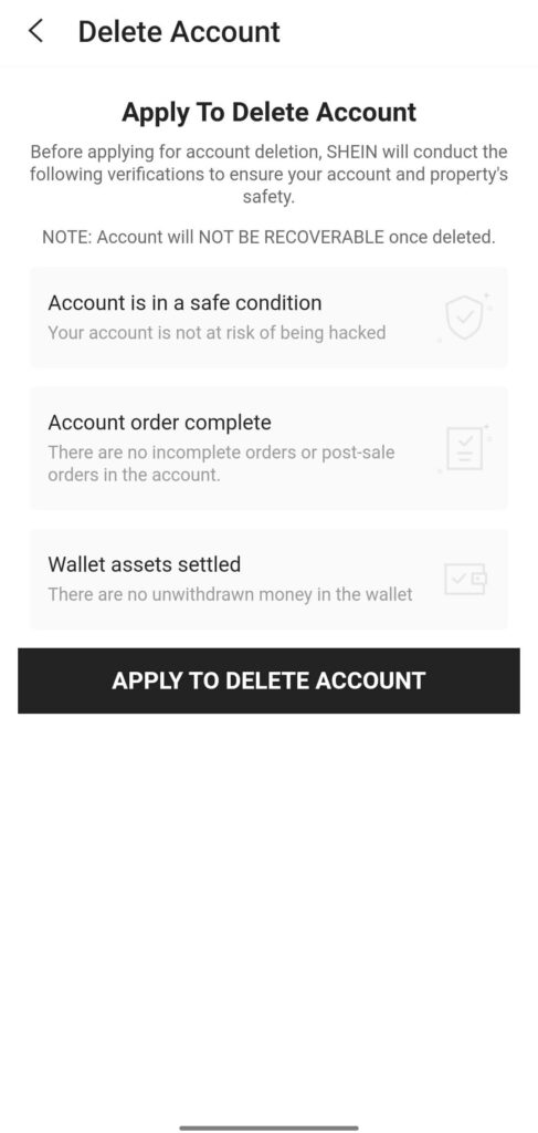 Shein App Apply to Delete Account