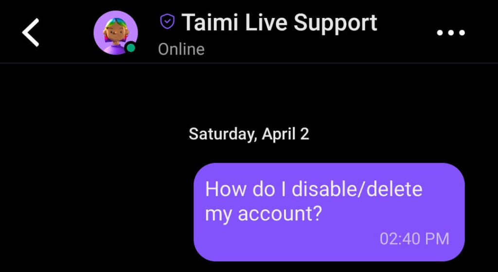 Taimi Live Support Chat