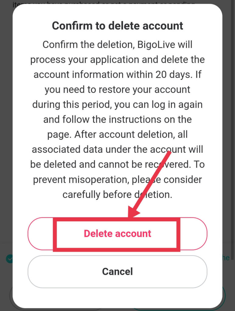 Bigo Live Account Delete Confirmation