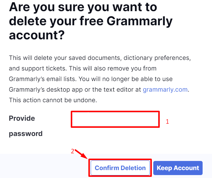 Delete Grammarly Account Confirmation