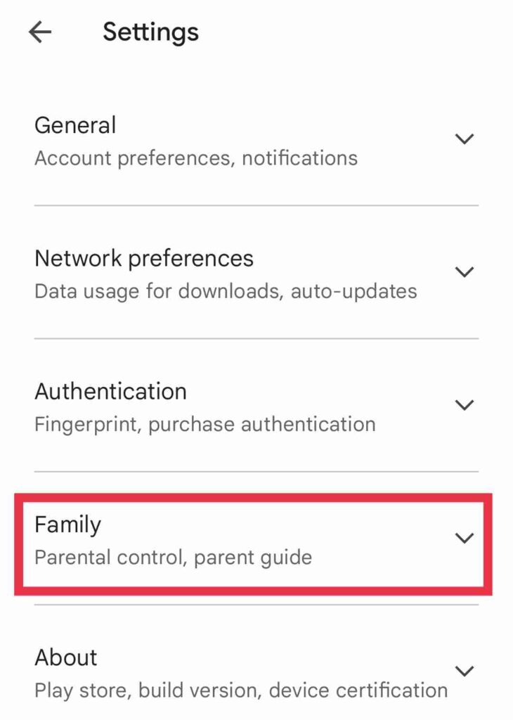 Play Store Settings Family Section