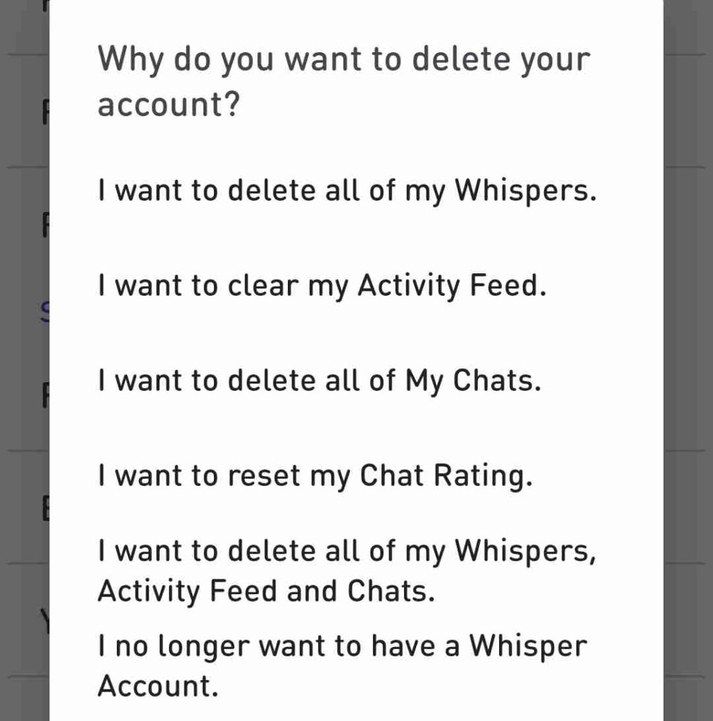 Whisper App Delete Account Select Reason