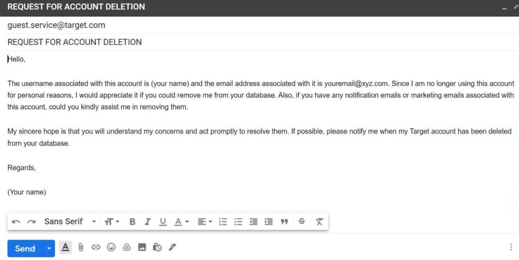 Delete Target Account Sample Email