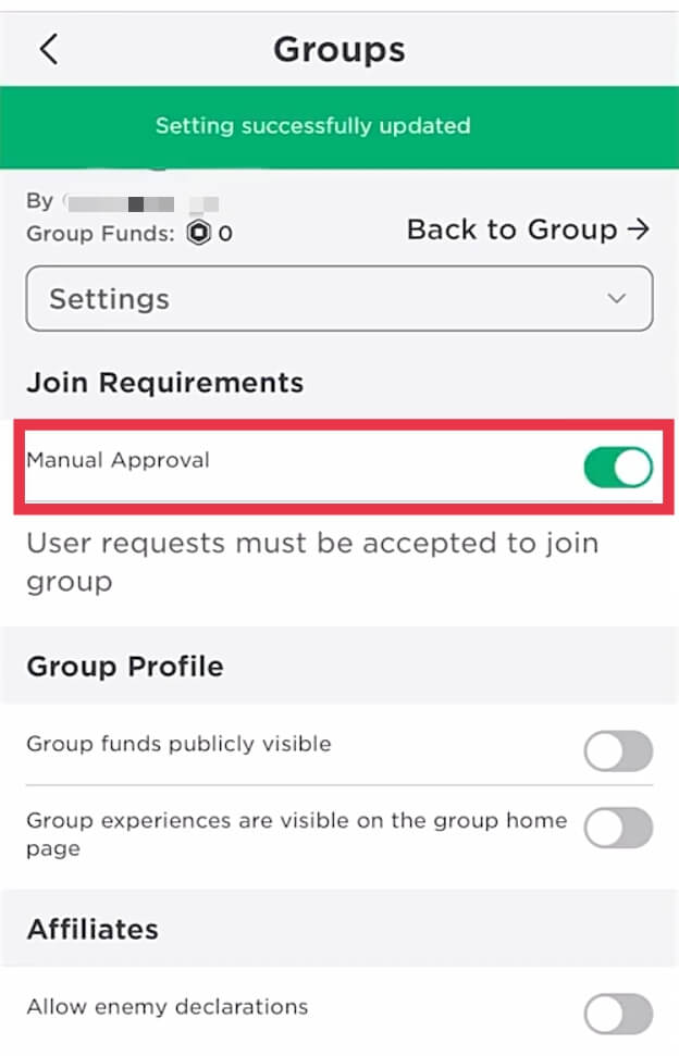 Enable manual approval for group on Roblox app