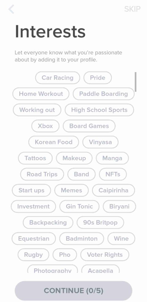 Select interests on Tinder