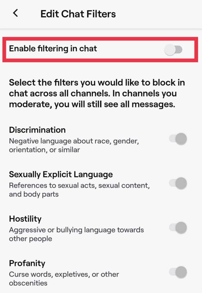 Turn off Profanity filter on Twitch mobile app