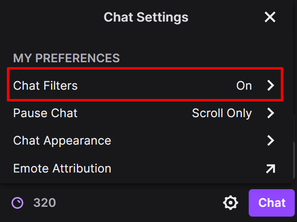 Twitch chat filters option on website