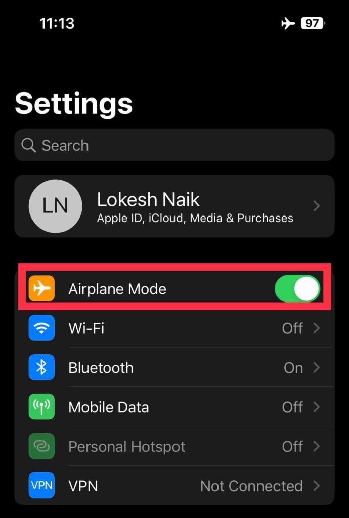 Airplane mode on iPhone