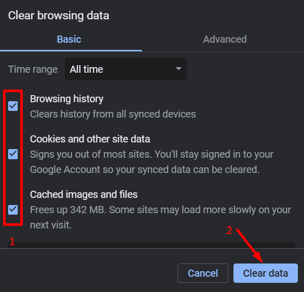 Clear All Browsing Data on Chrome