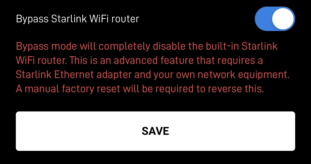 Bypass Starlink Wifi Router Option Enabled