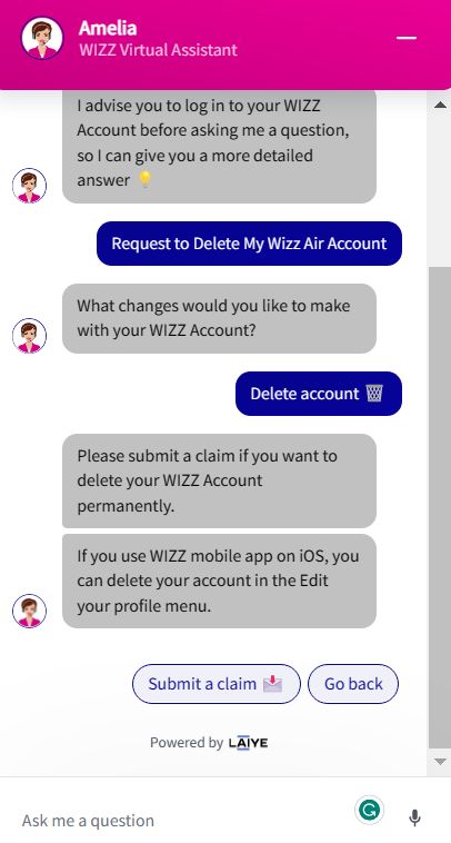 Delete Wizz Air Account through live chat