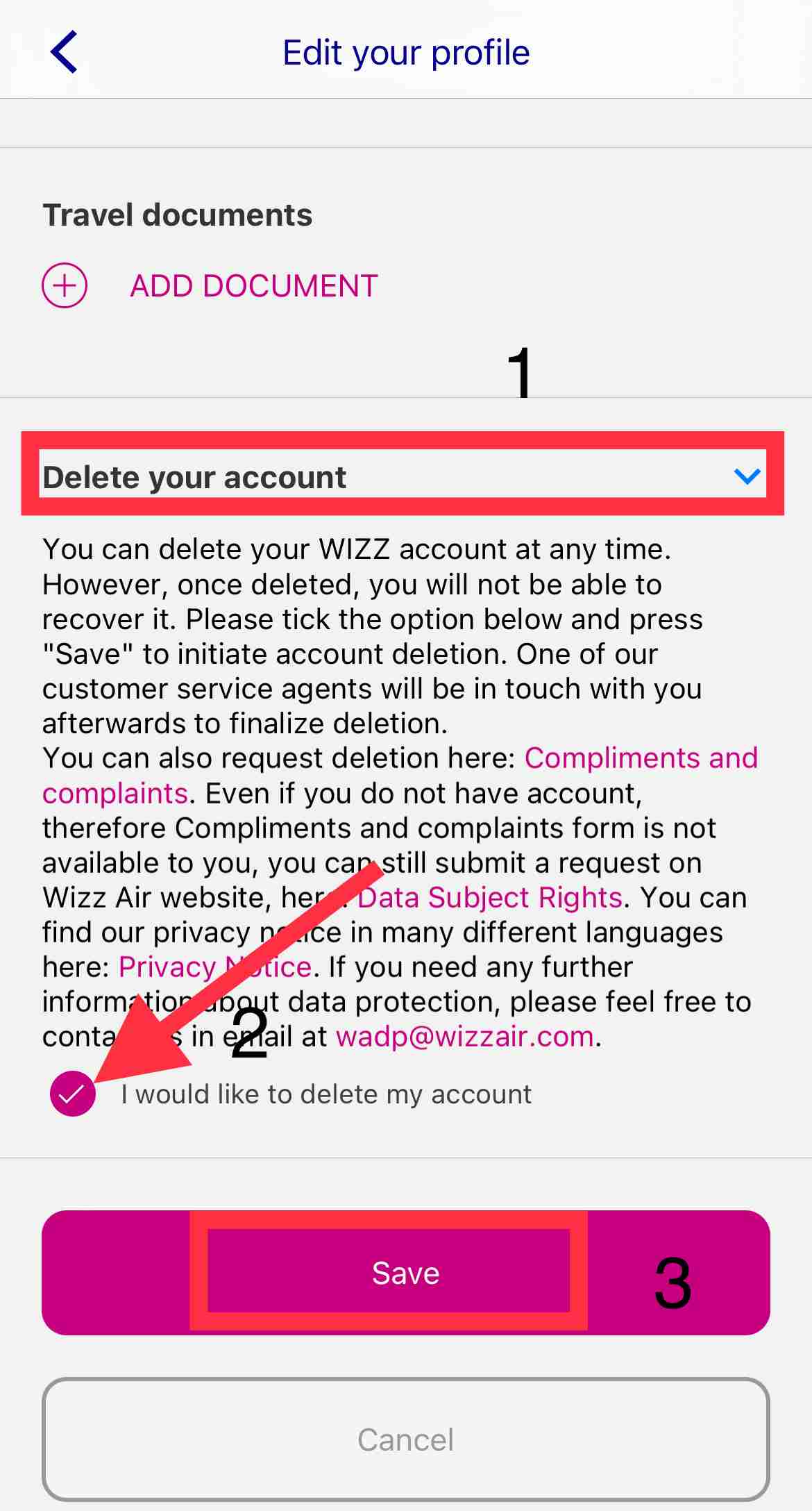 Delete Wizz Air account
