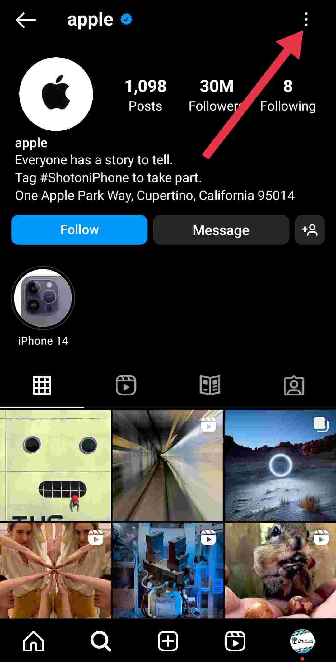 Instagram profile menu
