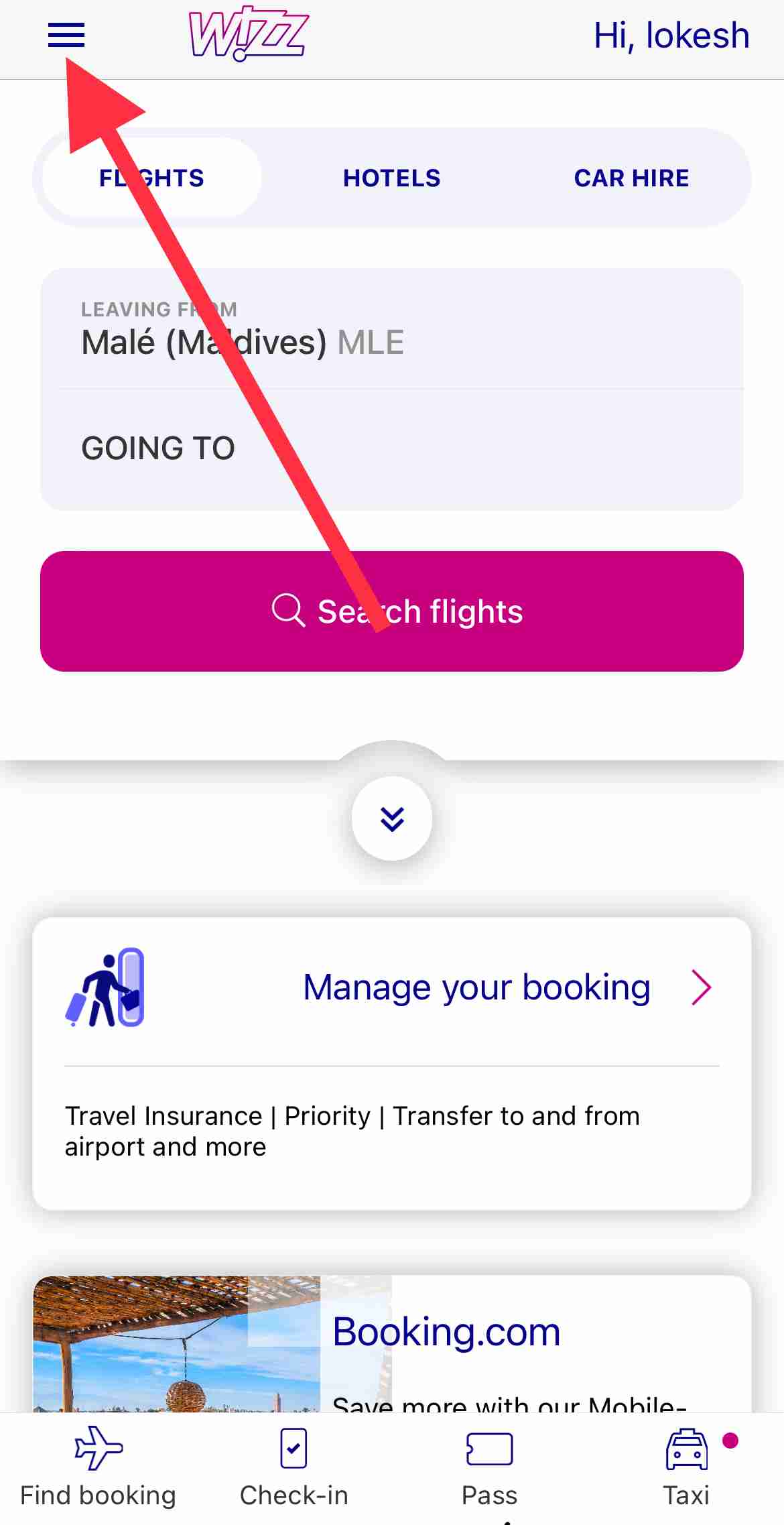 Wizz Air app menu