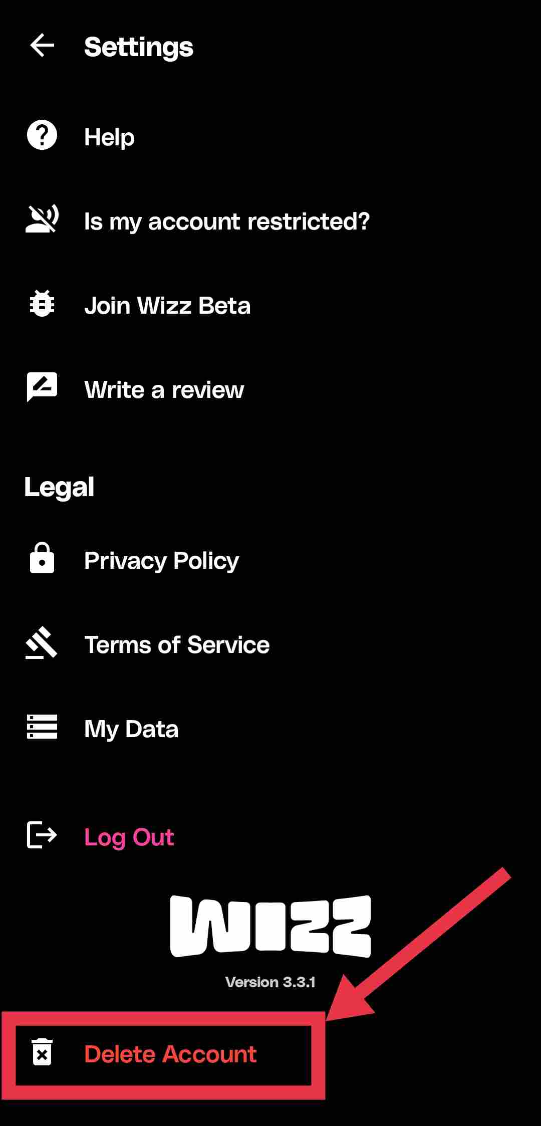 Wizz app delete account option