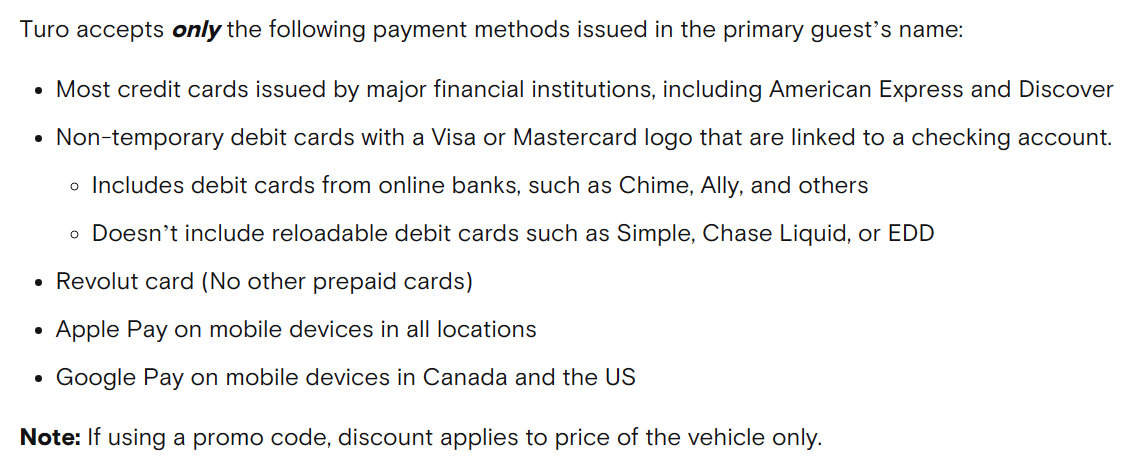Turo forms of payment
