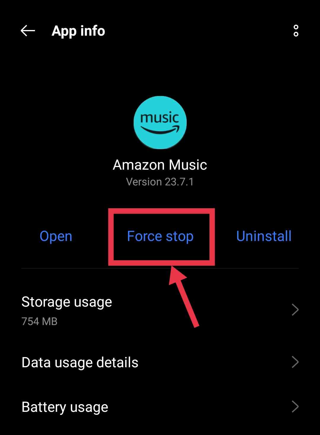 Force stop Amazon Music app on Android