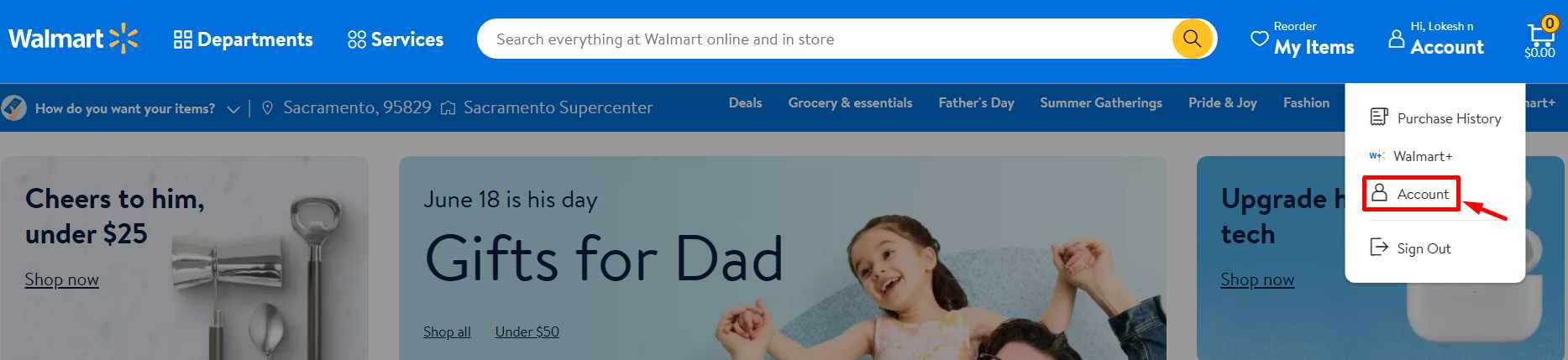 Walmart website Account option