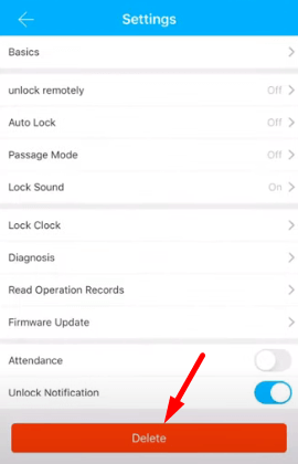 TTlock app delete lock option to reset