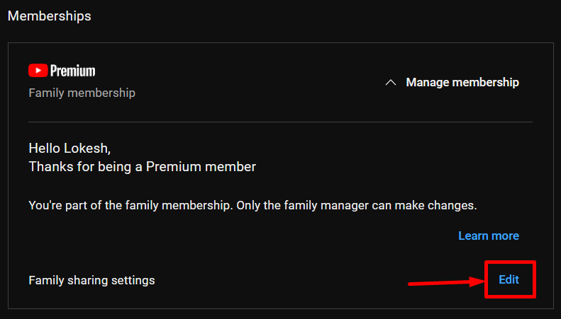 Youtube family sharing settings edit option
