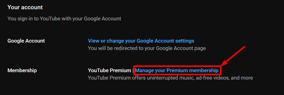 Youtube manage your premium membership option