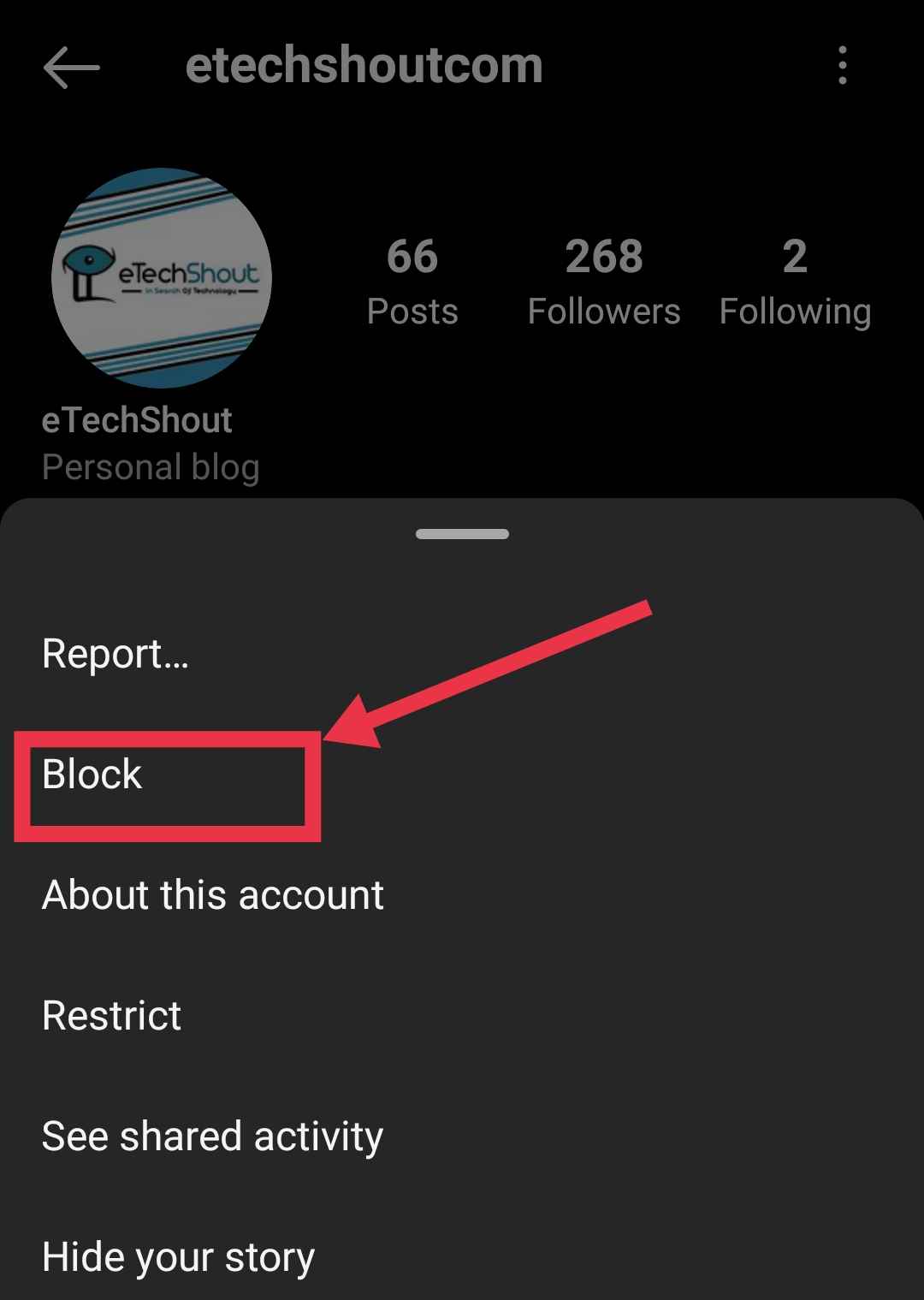 Instagram block profile option