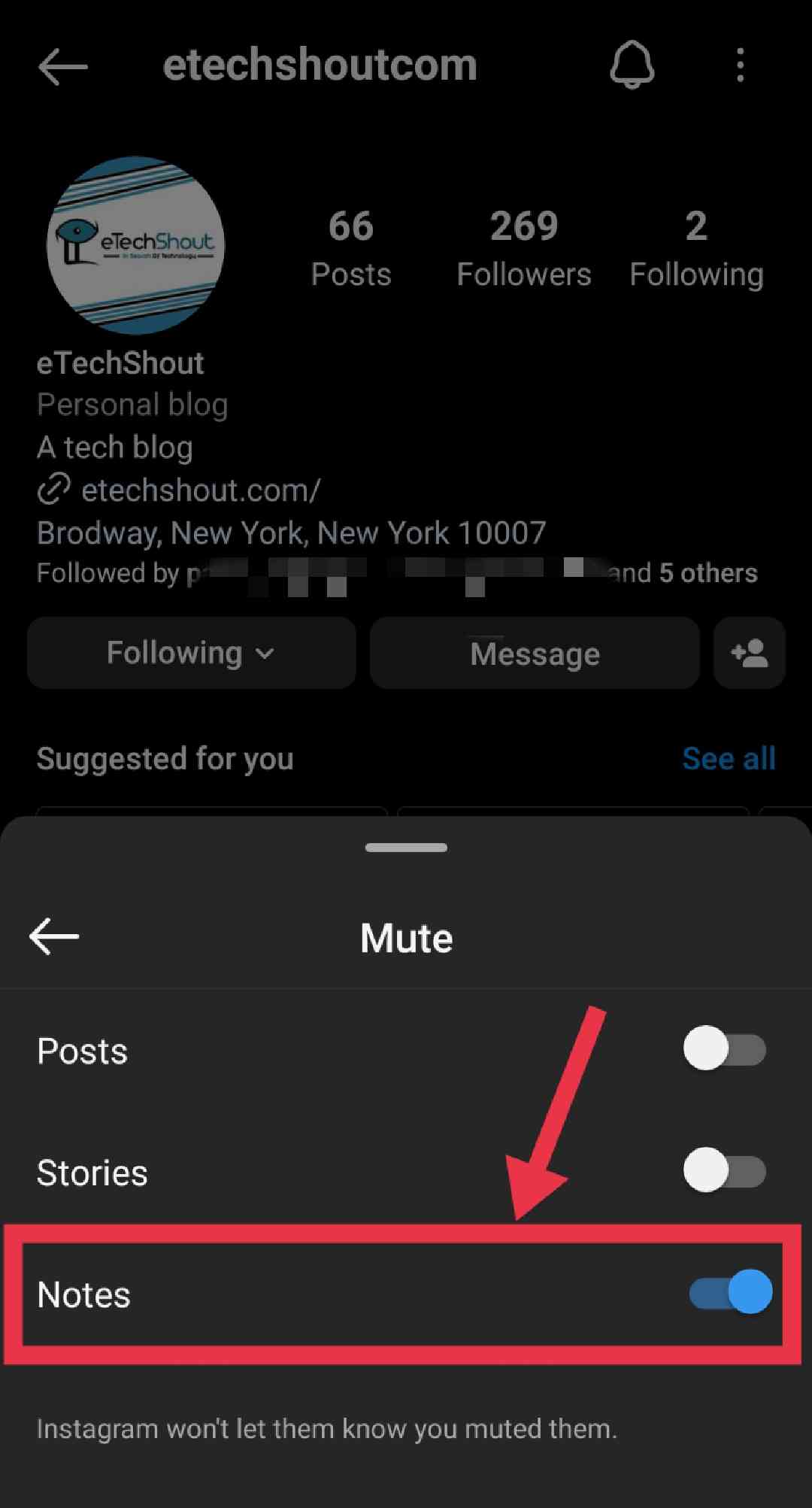 Mute notes from profile on Instagram