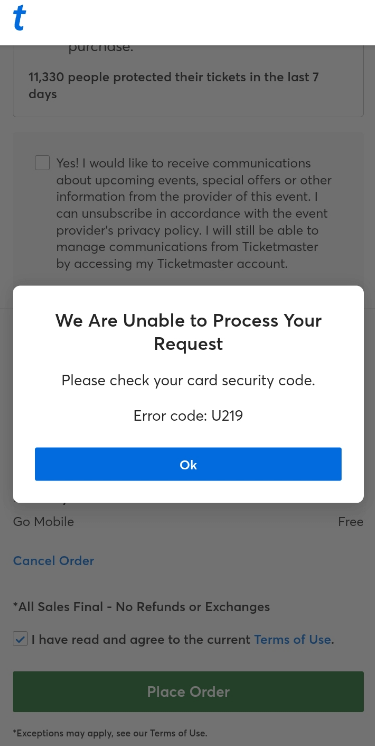 Error code u219 on Ticketmaster