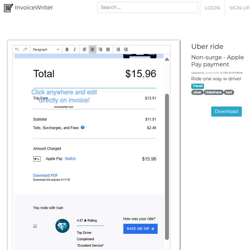 InvoiceWriter uber receipt template