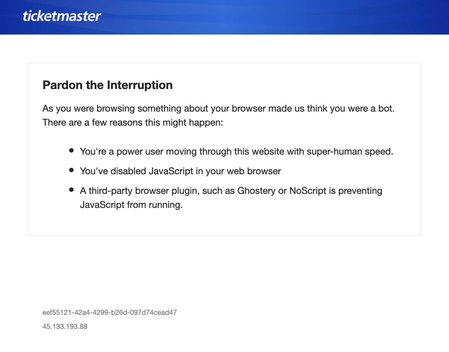 Pardon the interruption ticketmaster error message