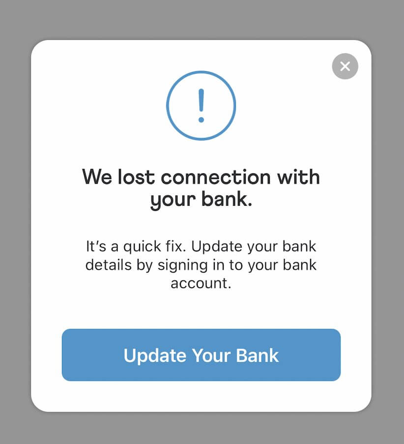 Venmo we lost connection with your bank