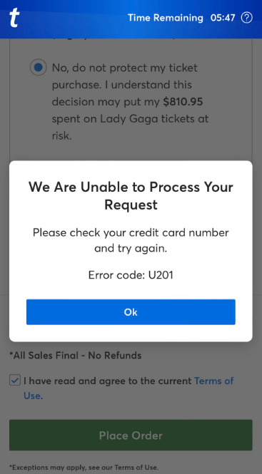Error code u201 Ticketmaster