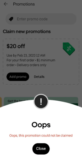 Uber Eats oops this promotion could not be claimed