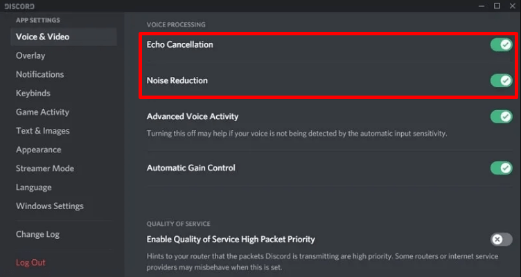 Turn off echo cancellation and noise reduction on Discord