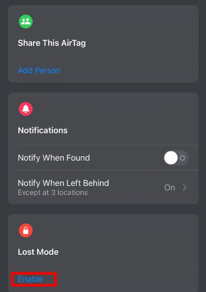 AirTag Enable Lost Mode