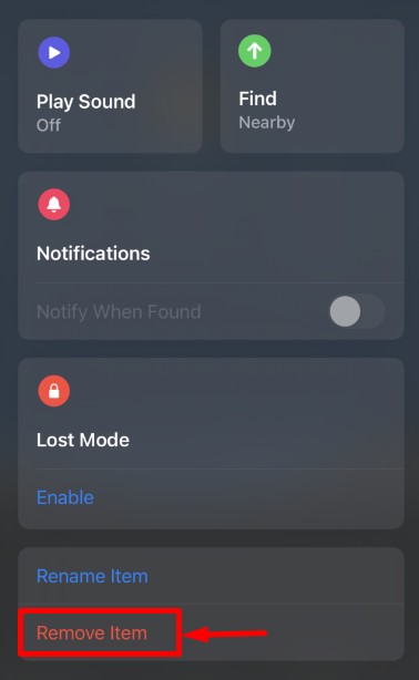 AirTag Remove Item Option