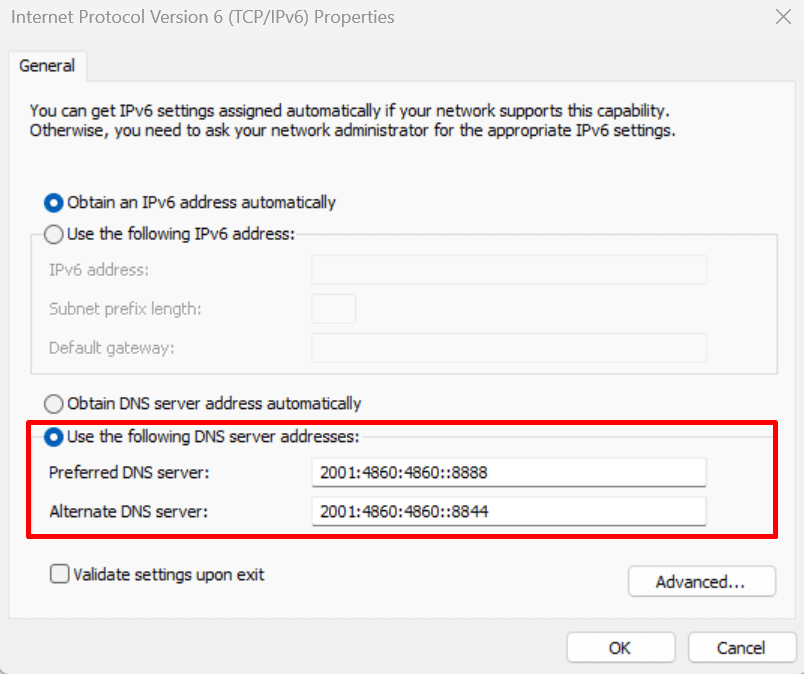 Internet Protocol Version 6 DNS server addresses