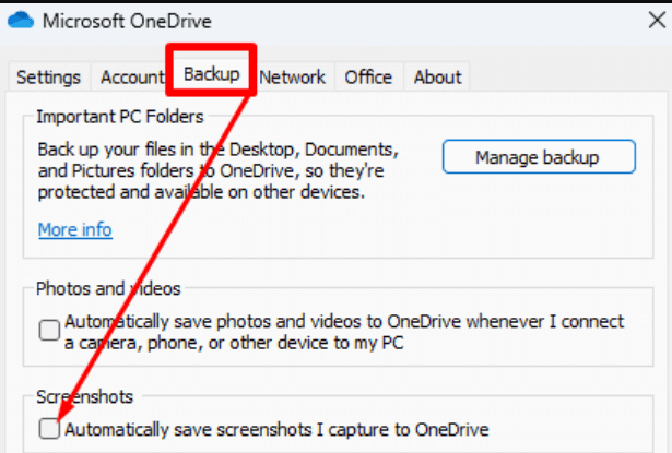 Onedrive backup settings uncheck screenshots