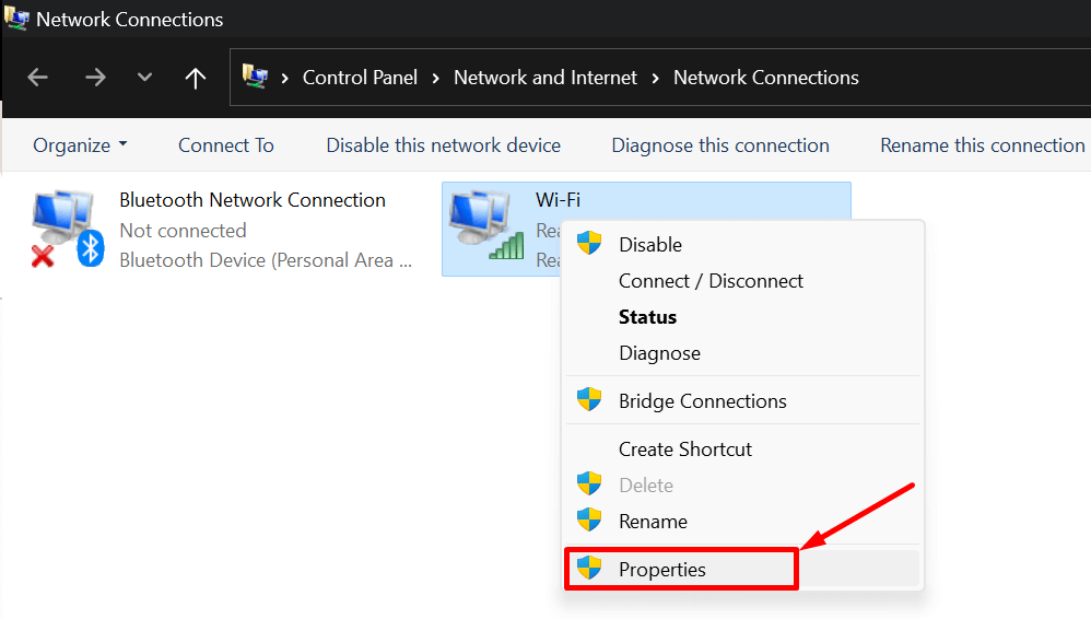 Right-click on current network then choose Properties