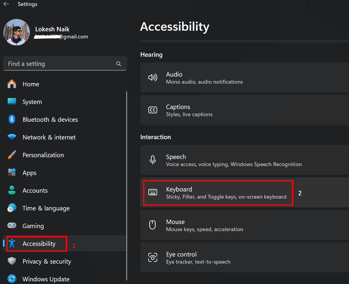 Windows Accessibility Keyboard Settings