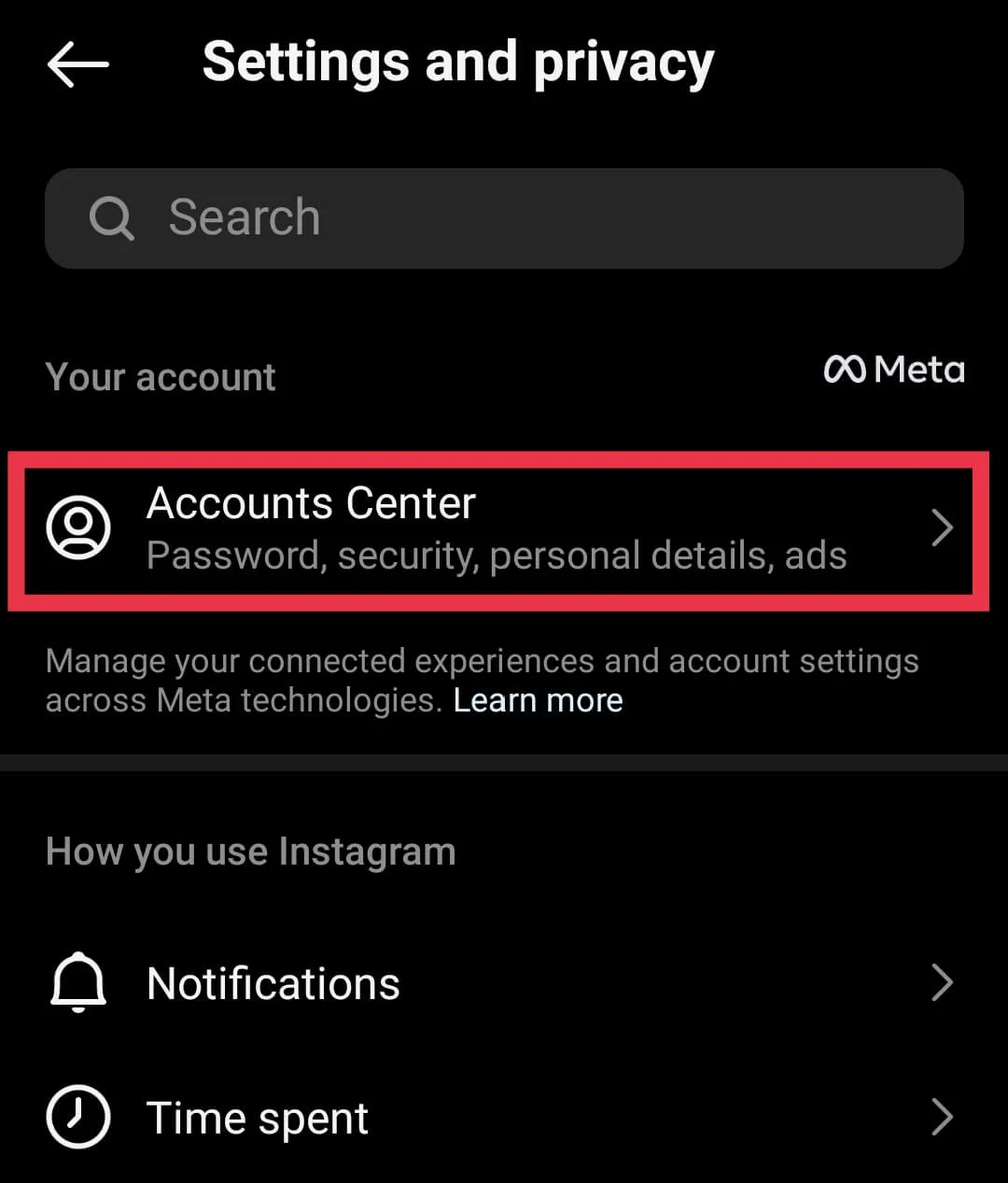 Accounts Center on Instagram app