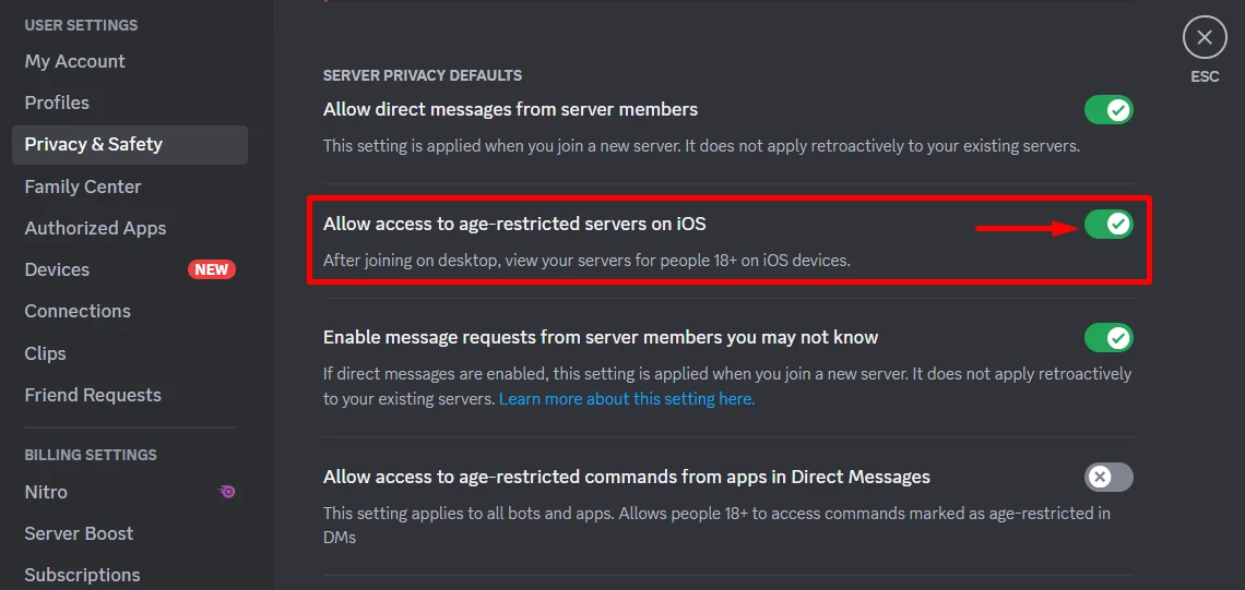 Allow access to age-restircted servers on iOS option on Discord web